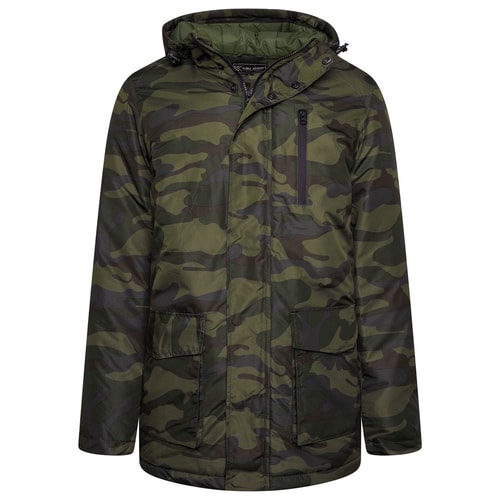 KAM Camo Print Hooded Coat Khaki